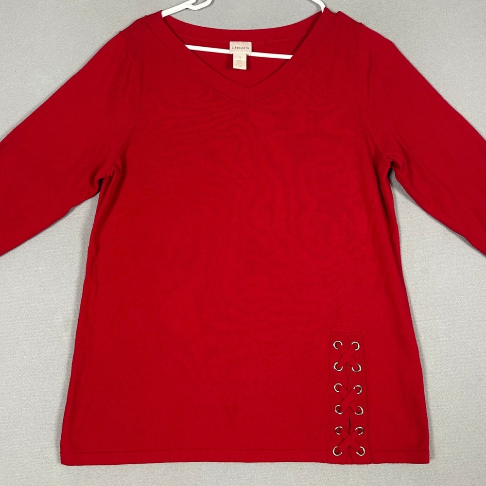 Chicos Top Womens 1 Medium V-Neck Red Grommet Lace-Up Side 3-Quarter Sleeve EUC